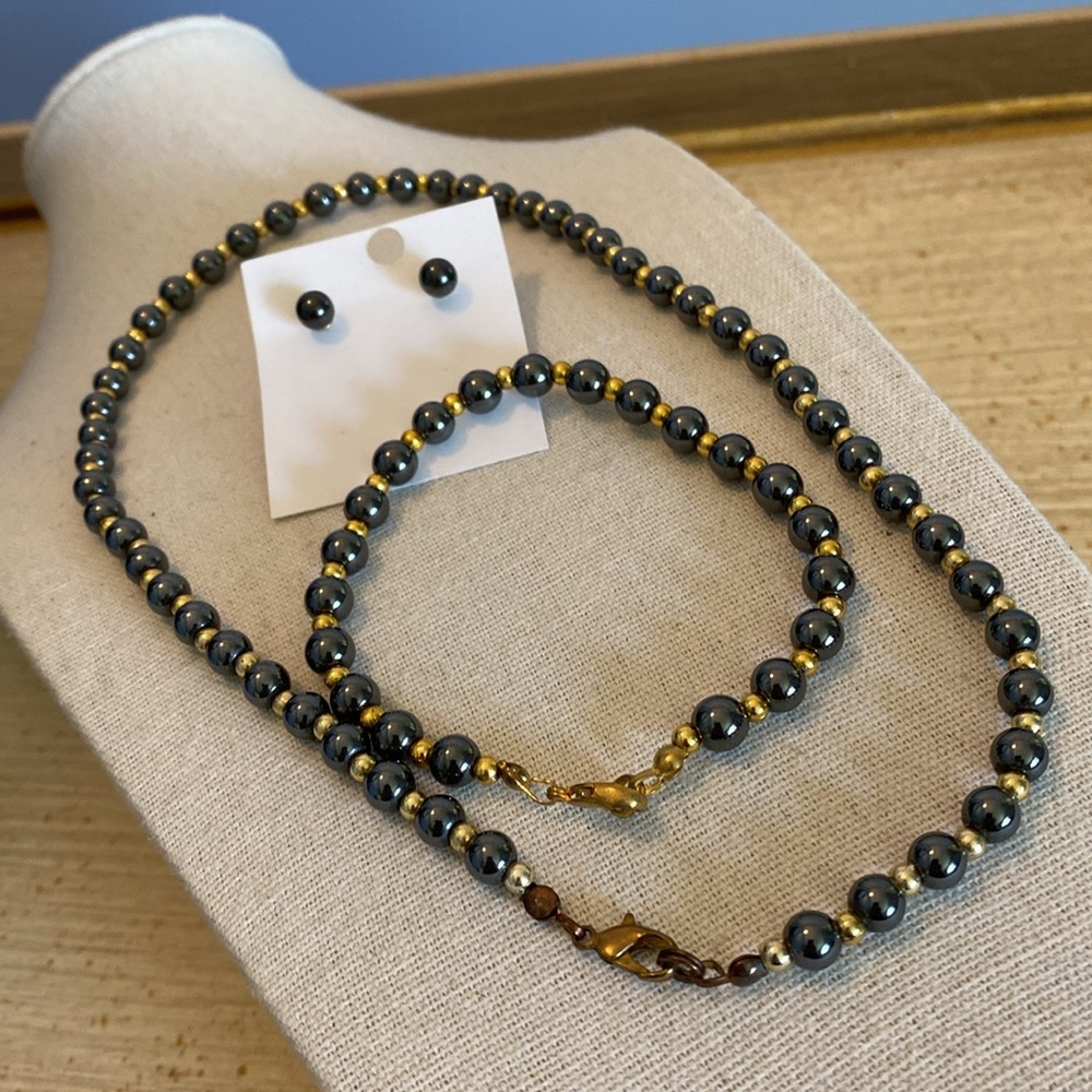 Hematite:  Black and Gold Beaded Jewelry Set